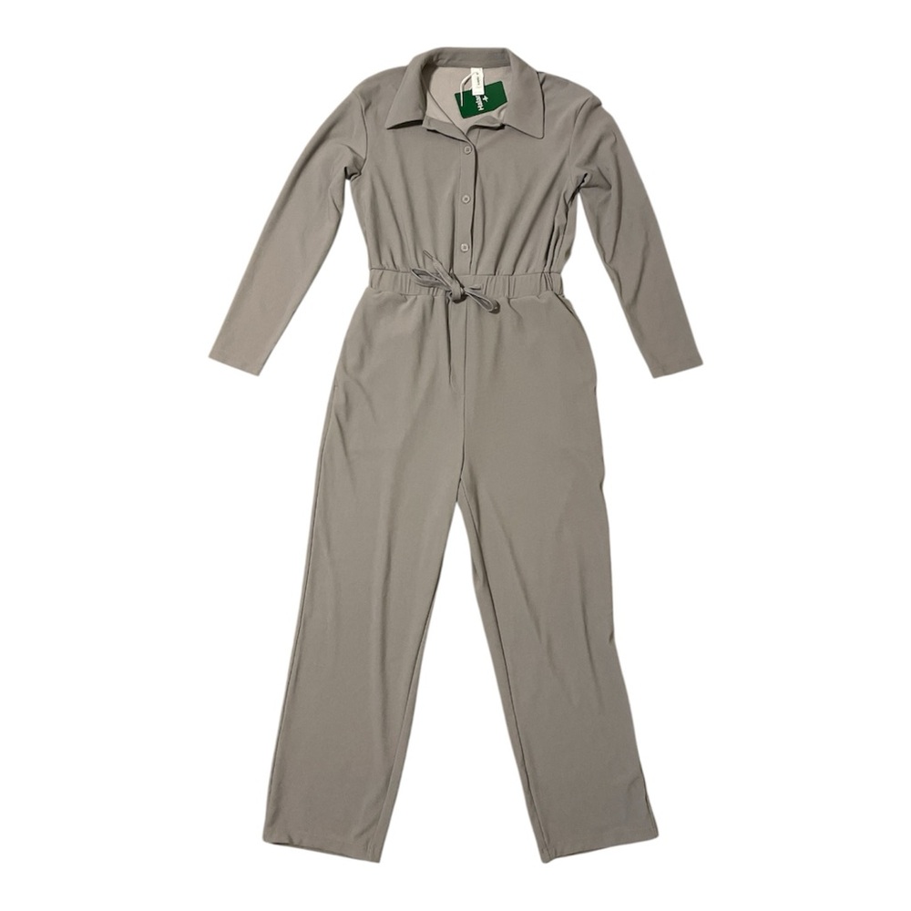 HALARA Waffle Knit Long Sleeve Button Up Belted Waist Jumpsuit | S | Gray